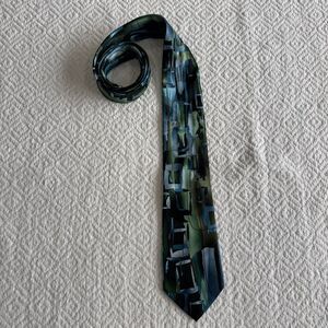 J. GARCIA 100% Silk Necktie LUXURY Green Blue Black Geometric Art